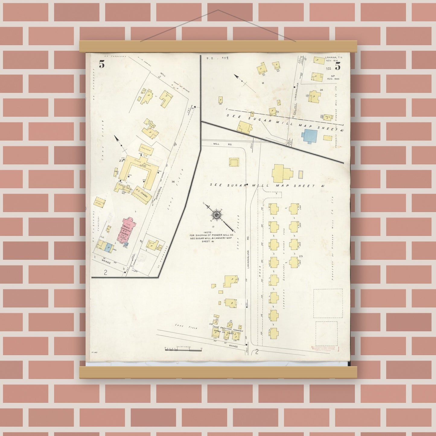 Old map wall art mockup — magnetic wood frame on brick wall — Sanborn Fire Insurance Map from Lahaina, Maui County, Hawaii (1950), Sheet #0005