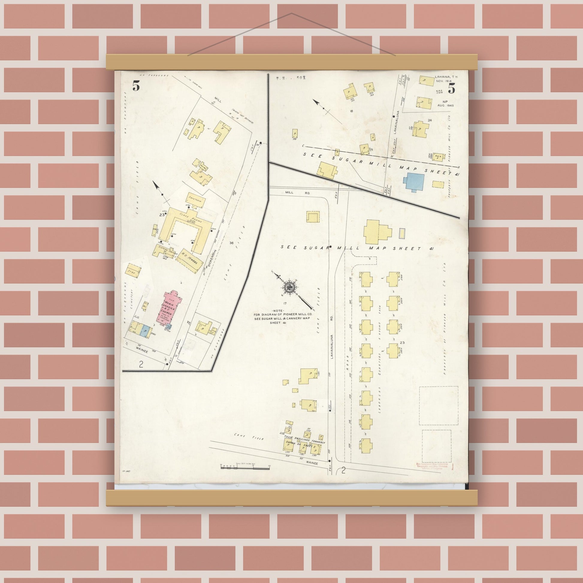 Old map wall art mockup — magnetic wood frame on brick wall — Sanborn Fire Insurance Map from Lahaina, Maui County, Hawaii (1950), Sheet #0005