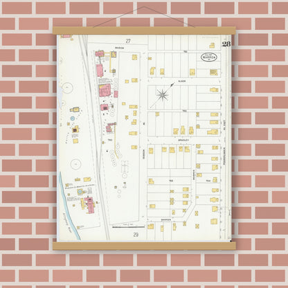 Old map wall art mockup — magnetic wood frame on brick wall — Sanborn Fire Insurance Map from Warren, Warren County, Pennsylvania (1904), Sheet #0028