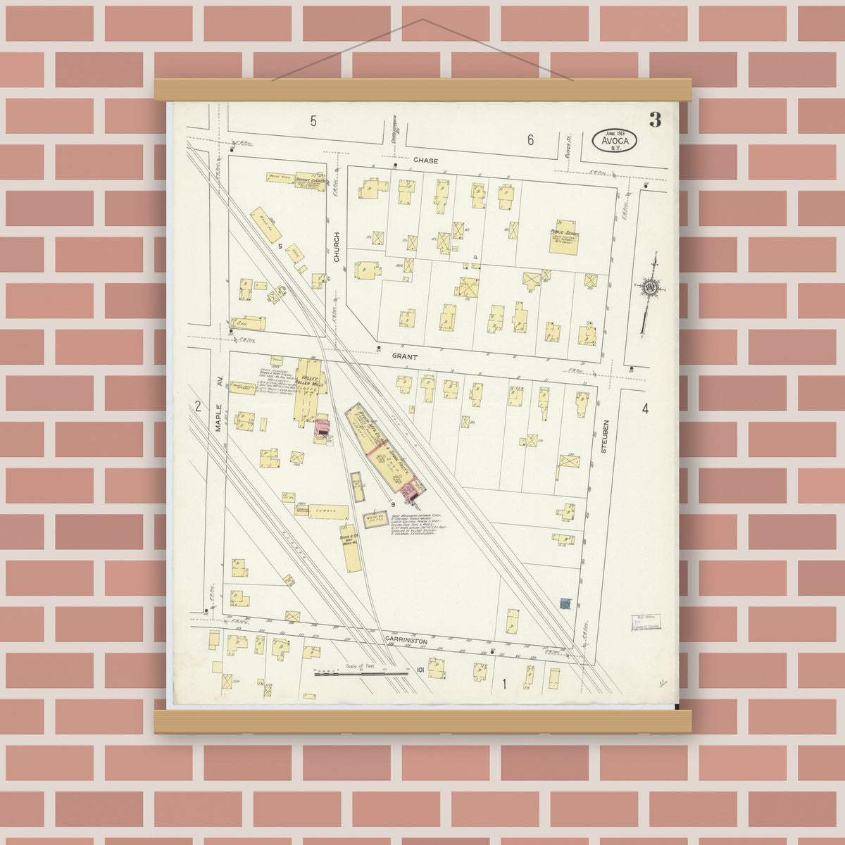Old map wall art mockup — magnetic wood frame on brick wall — Sanborn Fire Insurance Map from Avoca, Steuben County, New York (1913), Sheet #0003