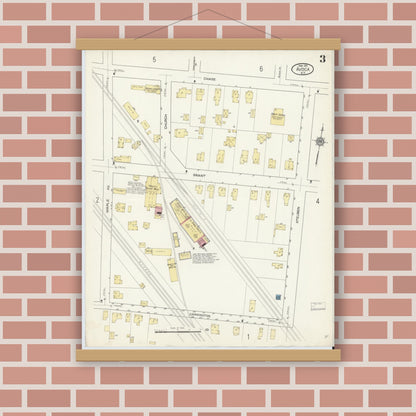 Old map wall art mockup — magnetic wood frame on brick wall — Sanborn Fire Insurance Map from Avoca, Steuben County, New York (1913), Sheet #0003