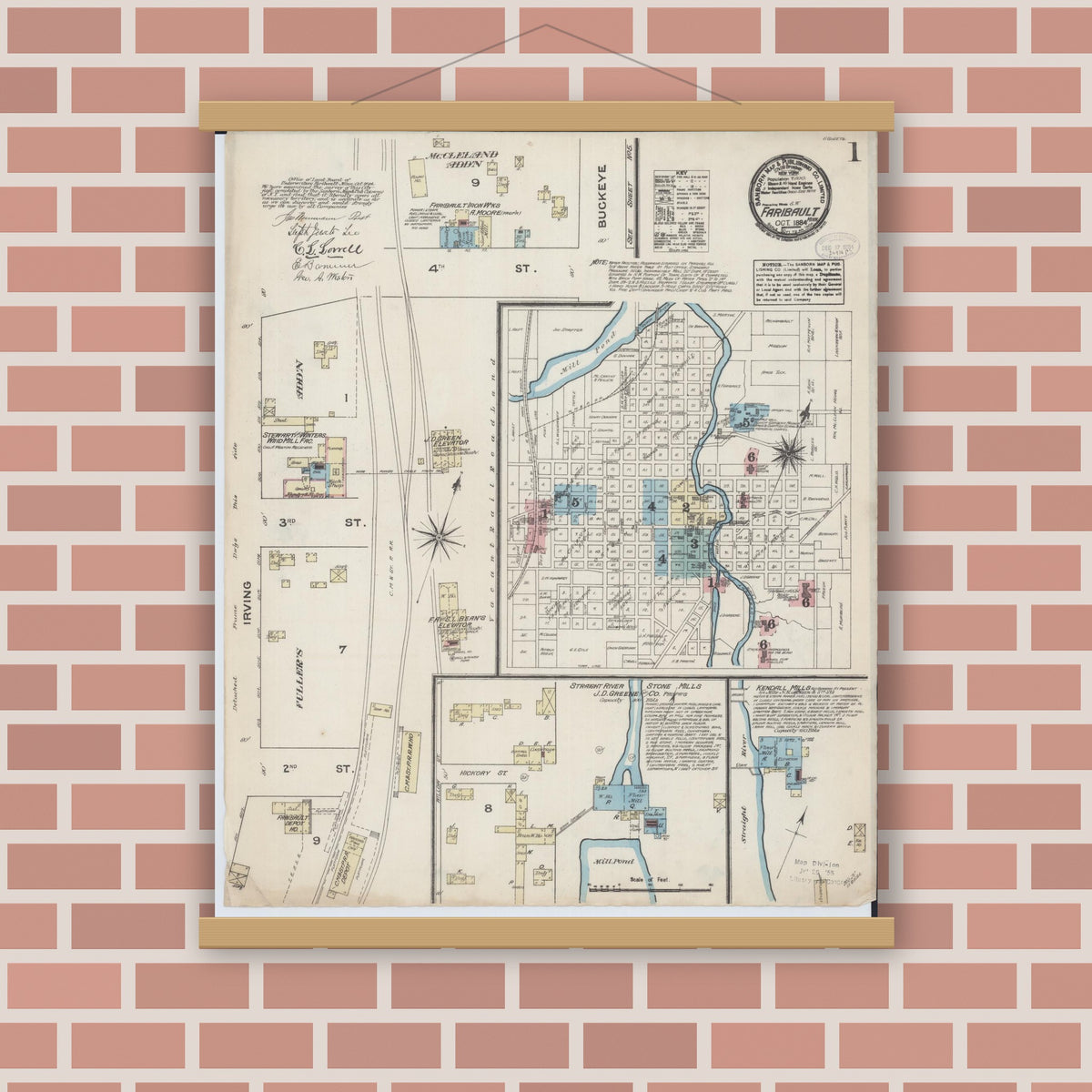 Old map wall art mockup — magnetic wood frame on brick wall — Sanborn Fire Insurance Map from Faribault, Rice County, Minnesota (1884) - Complete Map Set