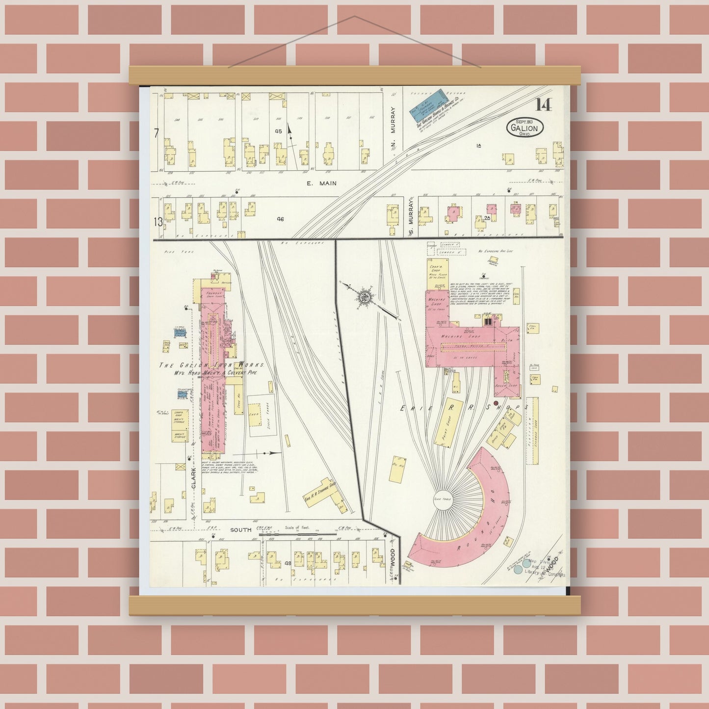 Old map wall art mockup — magnetic wood frame on brick wall — Sanborn Fire Insurance Map from Galion, Crawford County, Ohio (1913), Sheet #0014