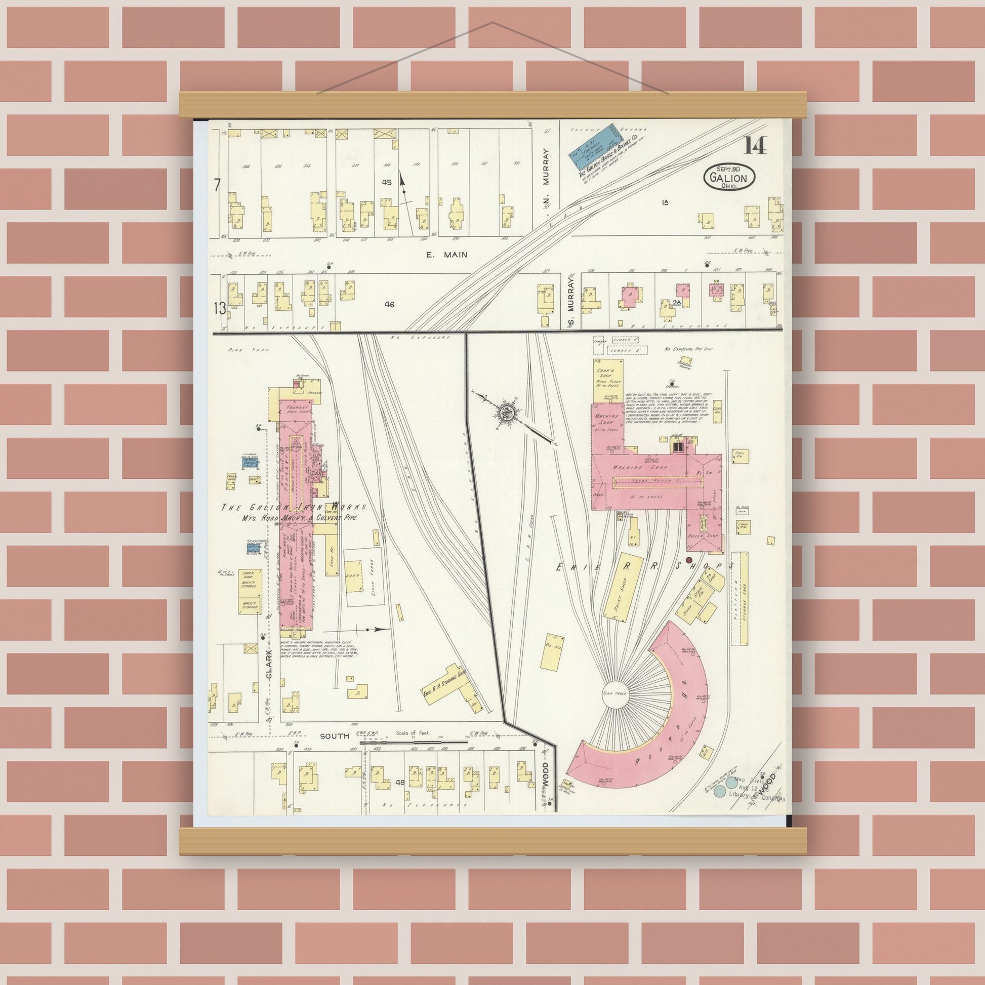 Old map wall art mockup — magnetic wood frame on brick wall — Sanborn Fire Insurance Map from Galion, Crawford County, Ohio (1913), Sheet #0014