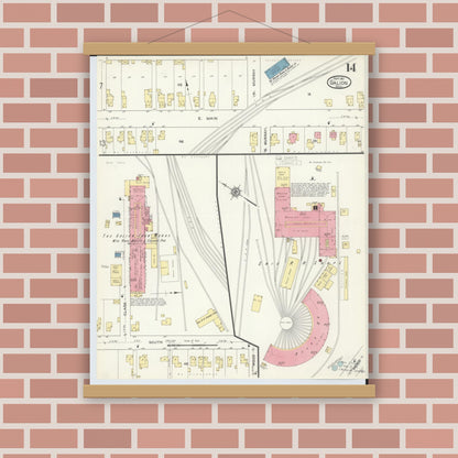 Old map wall art mockup — magnetic wood frame on brick wall — Sanborn Fire Insurance Map from Galion, Crawford County, Ohio (1913), Sheet #0014