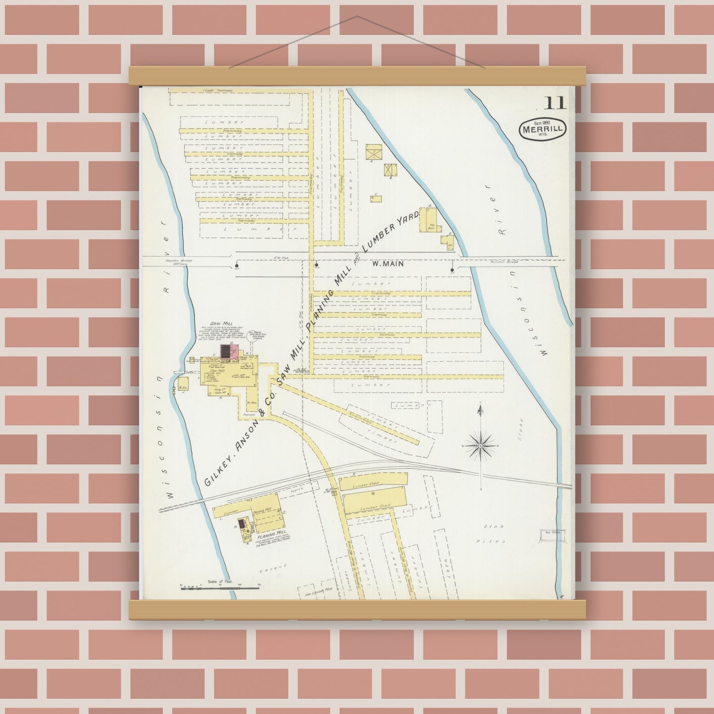 Old map wall art mockup — magnetic wood frame on brick wall — Sanborn Fire Insurance Map from Merrill, Lincoln County, Wisconsin (1892), Sheet #0011