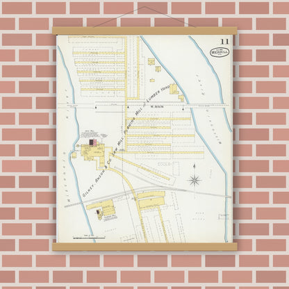 Old map wall art mockup — magnetic wood frame on brick wall — Sanborn Fire Insurance Map from Merrill, Lincoln County, Wisconsin (1892), Sheet #0011