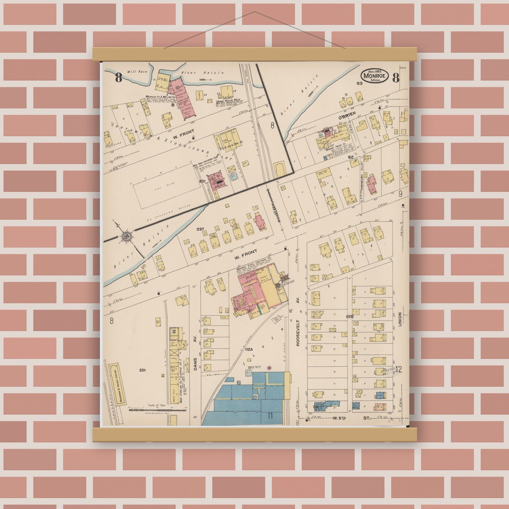 Old map wall art mockup — magnetic wood frame on brick wall — Sanborn Fire Insurance Map from Monroe, Monroe County, Michigan (1922), Sheet #0008