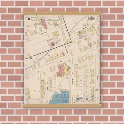 Old map wall art mockup — magnetic wood frame on brick wall — Sanborn Fire Insurance Map from Monroe, Monroe County, Michigan (1922), Sheet #0008