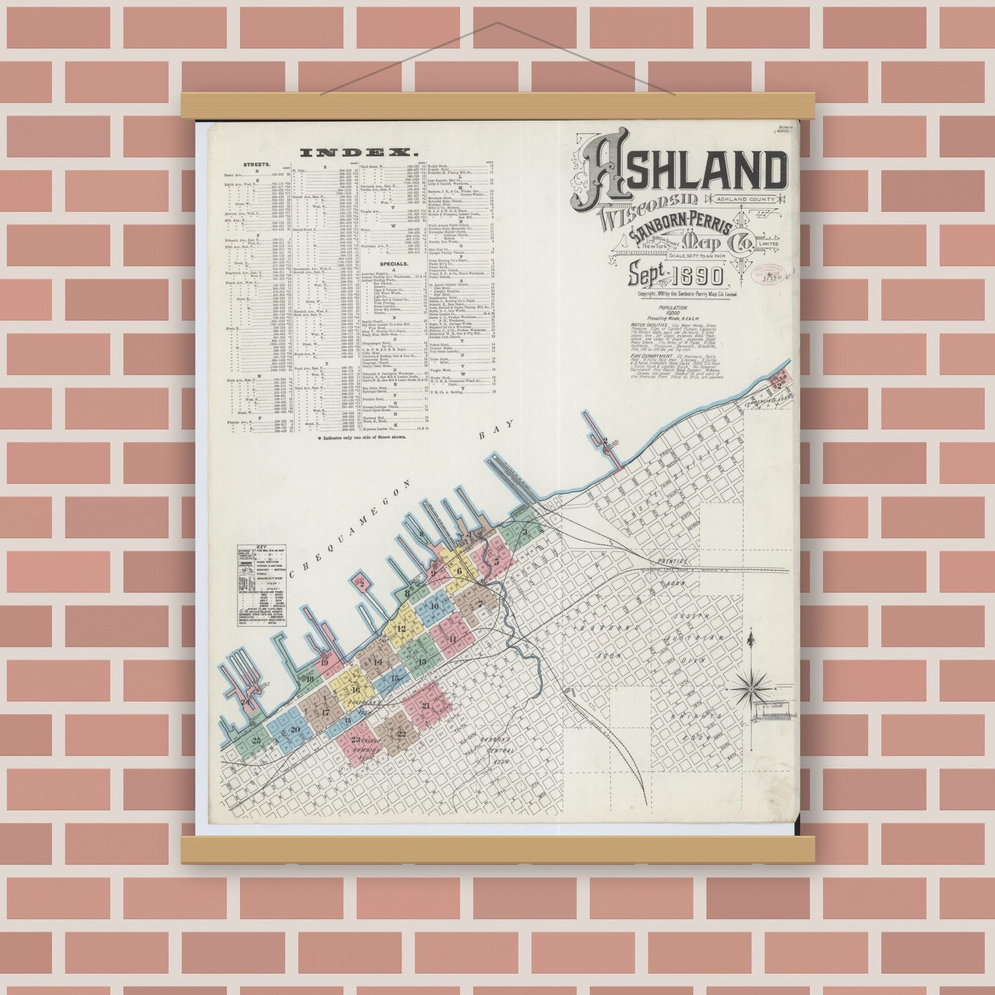 Old map wall art mockup — magnetic wood frame on brick wall — Sanborn Fire Insurance Map from Ashland, Ashland County, Wisconsin (1890) - Complete Map Set