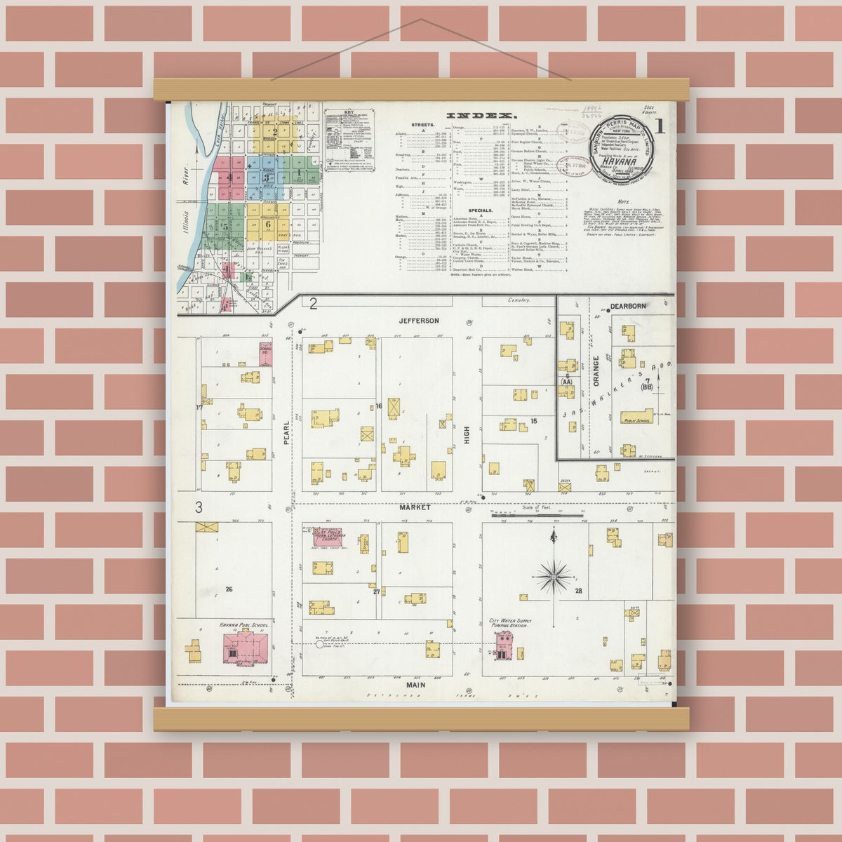 Old map wall art mockup — magnetic wood frame on brick wall — Sanborn Fire Insurance Map from Havana, Mason County, Illinois (1899), Sheet #0001