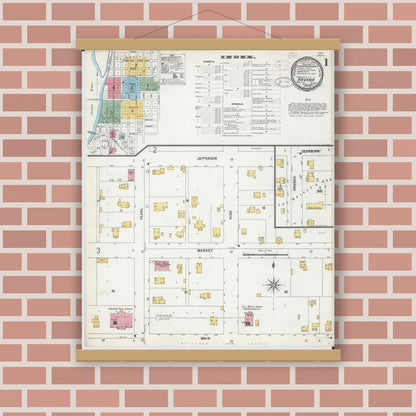Old map wall art mockup — magnetic wood frame on brick wall — Sanborn Fire Insurance Map from Havana, Mason County, Illinois (1899), Sheet #0001