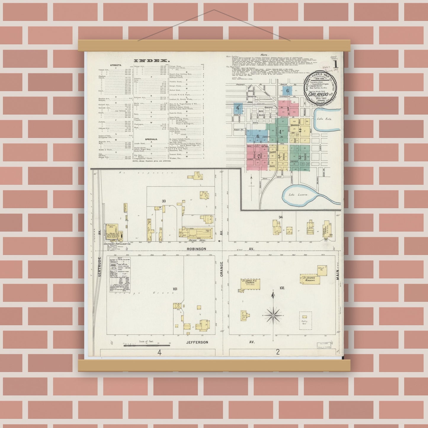 Old map wall art mockup — magnetic wood frame on brick wall — Sanborn Fire Insurance Map from Orlando, Orange County, Florida (1897) - Complete Map Set