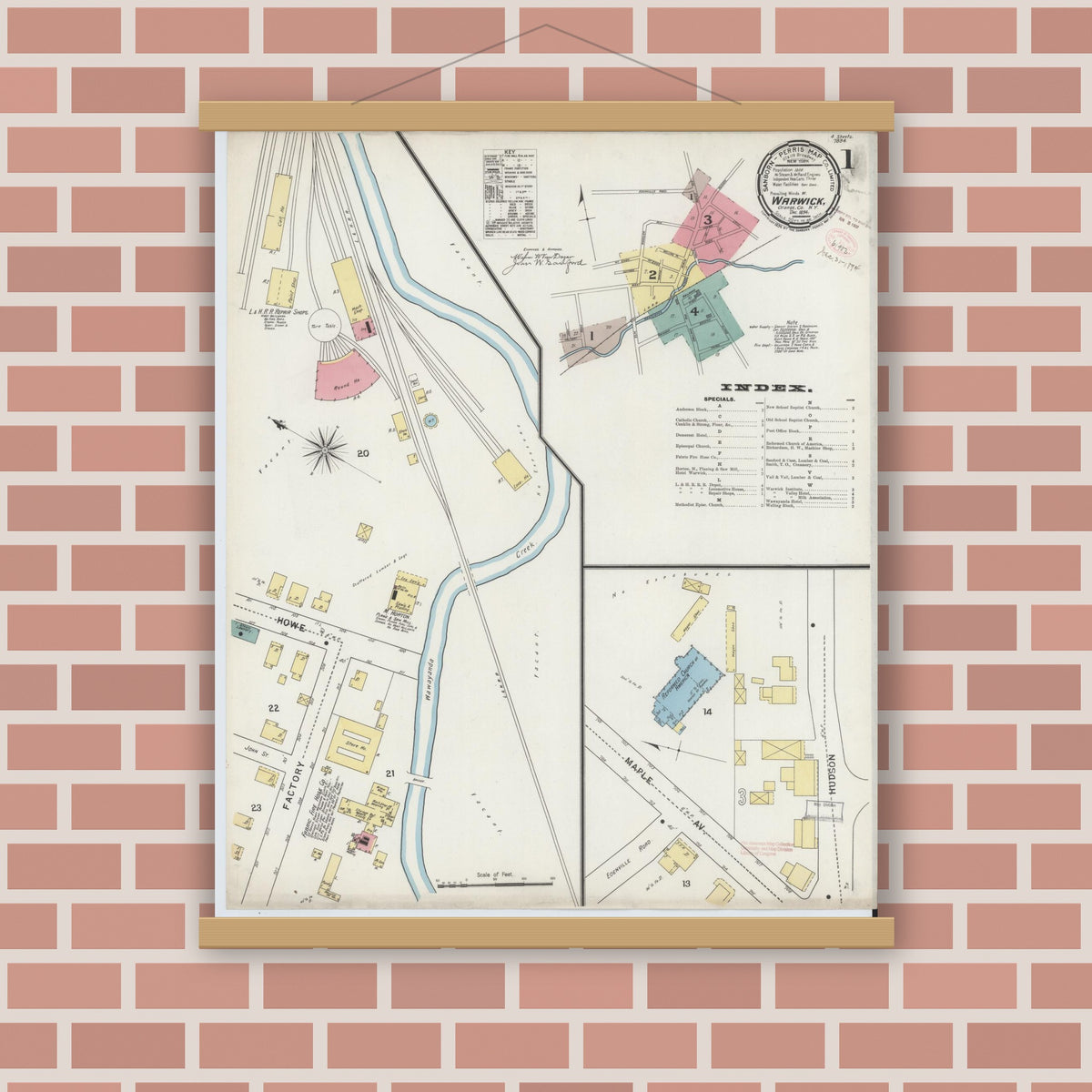 Old map wall art mockup — magnetic wood frame on brick wall — Sanborn Fire Insurance Map from Warwick, Orange County, New York (1894), Sheet #0001