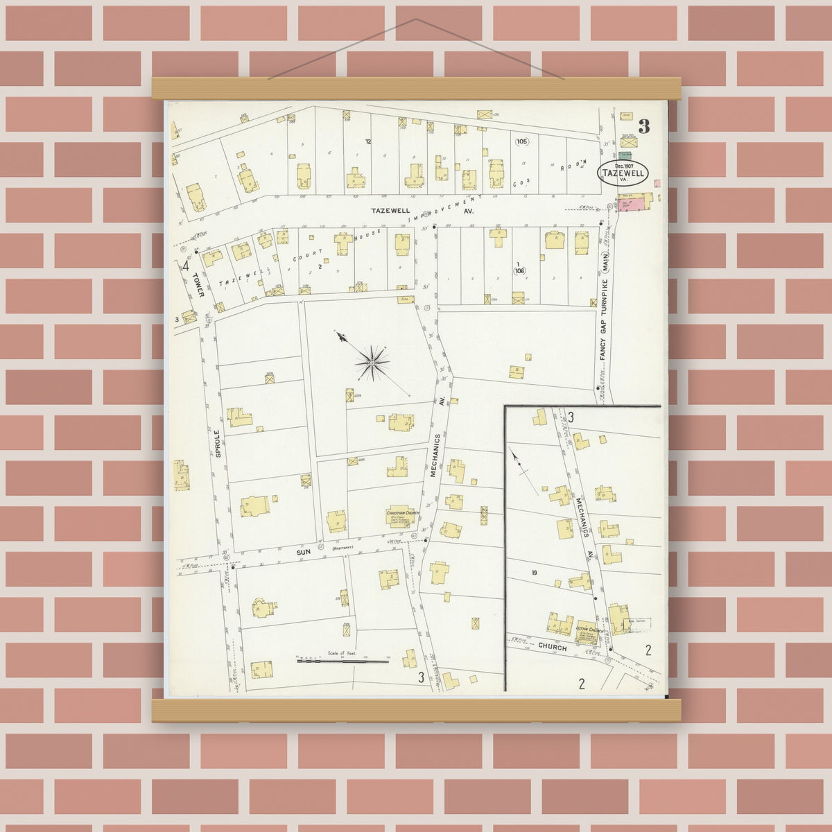 Old map wall art mockup — magnetic wood frame on brick wall — Sanborn Fire Insurance Map from Tazewell, Tazewell County, Virginia (1907), Sheet #0003