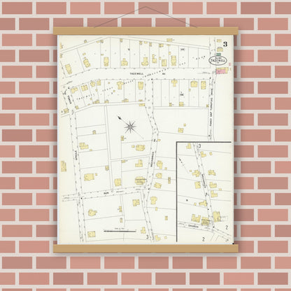 Old map wall art mockup — magnetic wood frame on brick wall — Sanborn Fire Insurance Map from Tazewell, Tazewell County, Virginia (1907), Sheet #0003