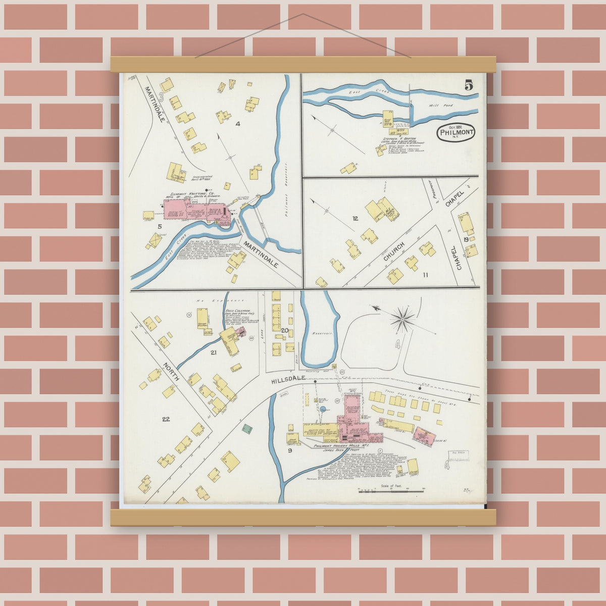 Old map wall art mockup — magnetic wood frame on brick wall — Sanborn Fire Insurance Map from Philmont, Columbia County, New York (1892), Sheet #0005