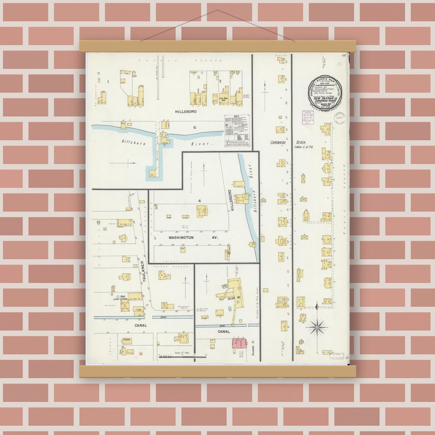 Old map wall art mockup — magnetic wood frame on brick wall — Sanborn Fire Insurance Map from New Smyrna, Valusia County, Florida (1901), Sheet #0001