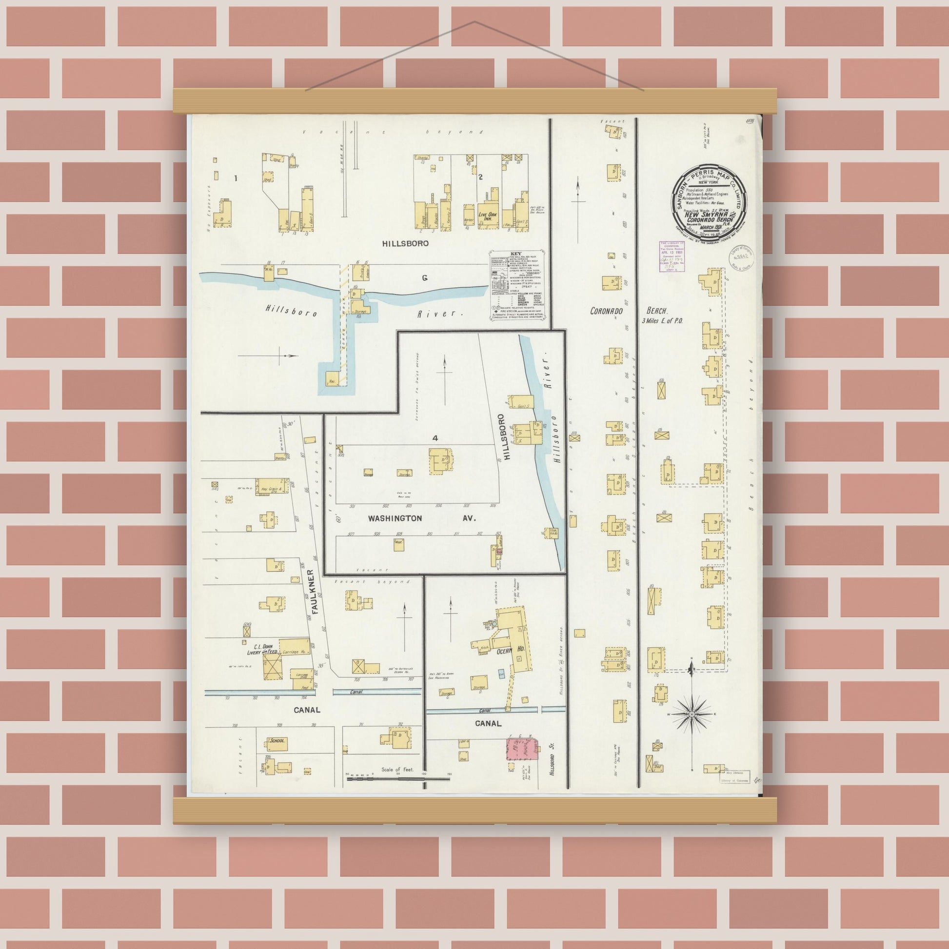 Old map wall art mockup — magnetic wood frame on brick wall — Sanborn Fire Insurance Map from New Smyrna, Valusia County, Florida (1901), Sheet #0001