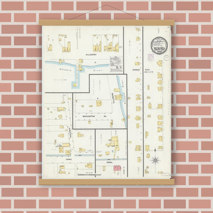 Old map wall art mockup — magnetic wood frame on brick wall — Sanborn Fire Insurance Map from New Smyrna, Valusia County, Florida (1901), Sheet #0001