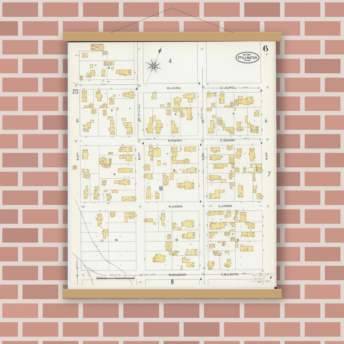 Old map wall art mockup — magnetic wood frame on brick wall — Sanborn Fire Insurance Map from Stillwater, Washington County, Minnesota (1904), Sheet #0006