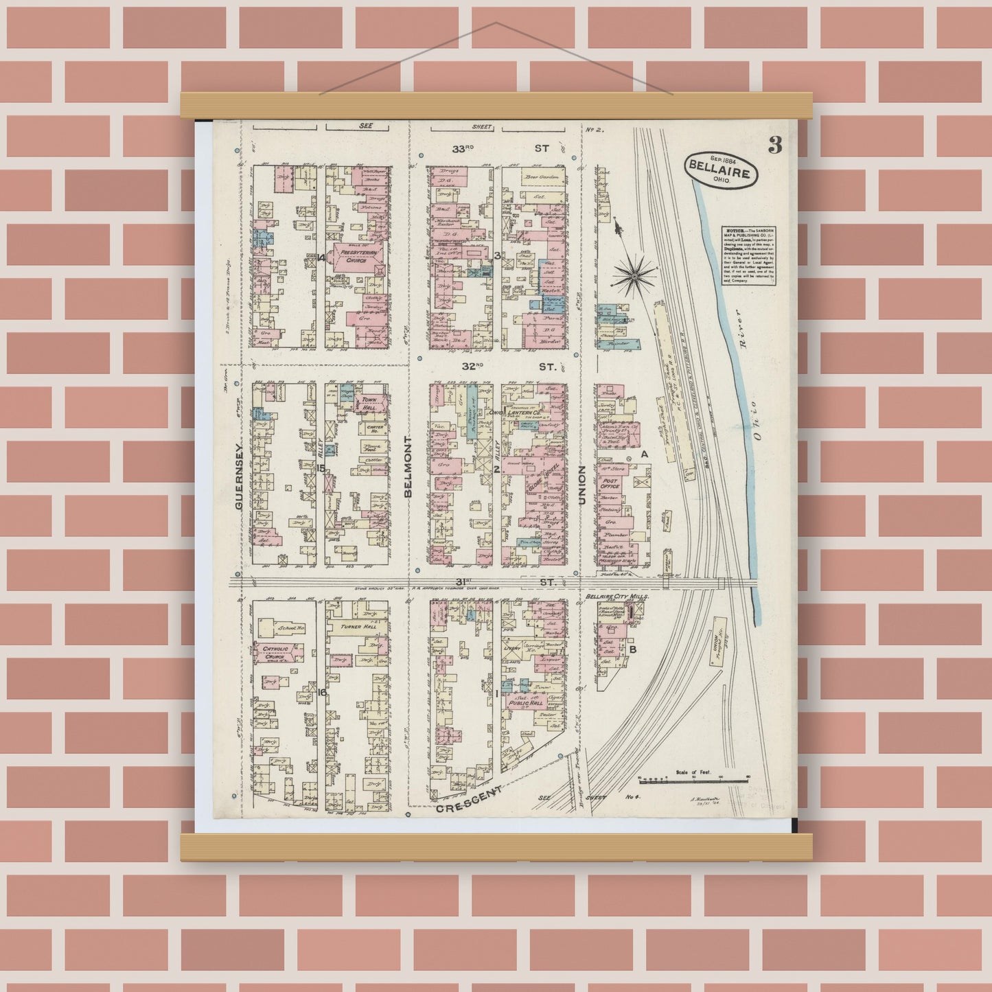 Old map wall art mockup — magnetic wood frame on brick wall — Sanborn Fire Insurance Map from Bellaire, Belmont County, Ohio (1884), Sheet #0003