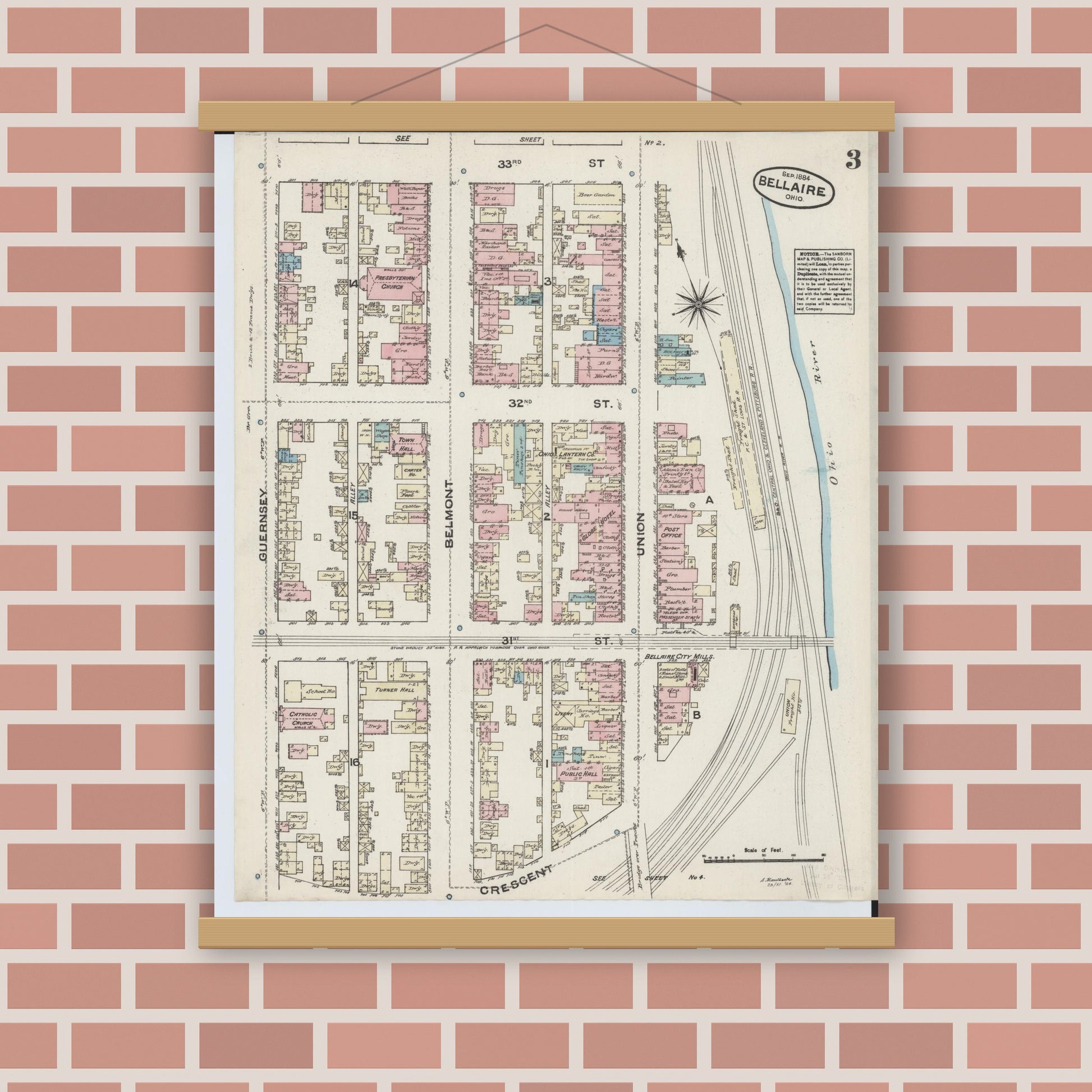 Old map wall art mockup — magnetic wood frame on brick wall — Sanborn Fire Insurance Map from Bellaire, Belmont County, Ohio (1884), Sheet #0003