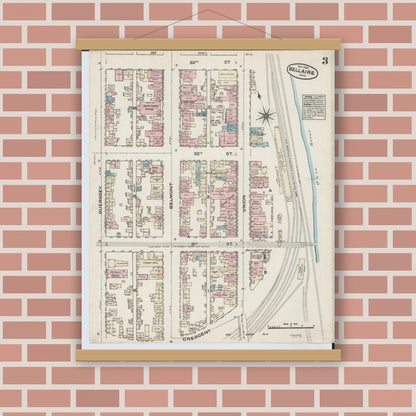 Old map wall art mockup — magnetic wood frame on brick wall — Sanborn Fire Insurance Map from Bellaire, Belmont County, Ohio (1884), Sheet #0003
