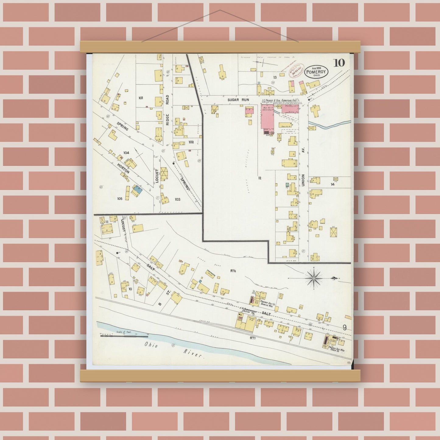 Old map wall art mockup — magnetic wood frame on brick wall — Sanborn Fire Insurance Map from Pomeroy, Meigs County, Ohio (1899), Sheet #0010