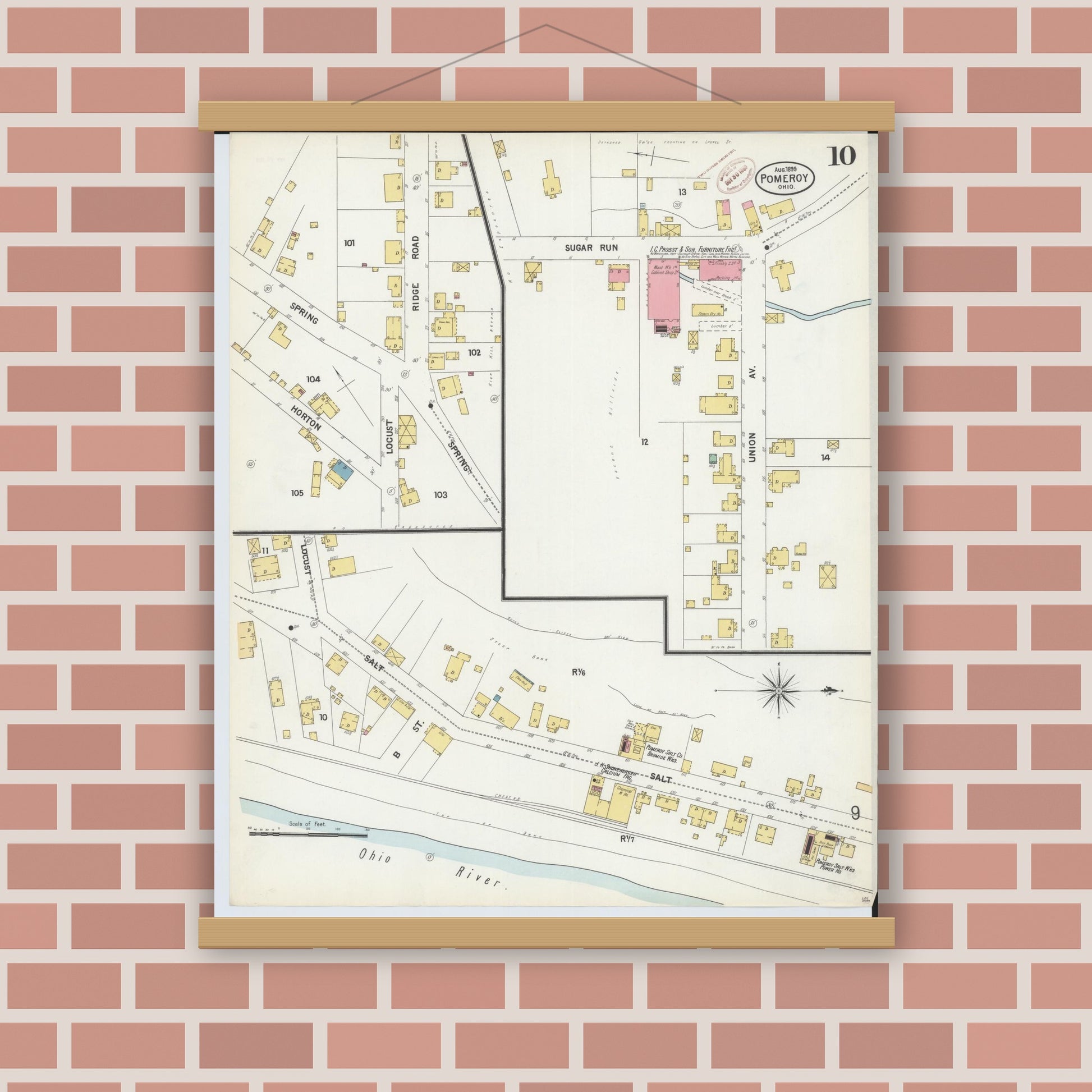 Old map wall art mockup — magnetic wood frame on brick wall — Sanborn Fire Insurance Map from Pomeroy, Meigs County, Ohio (1899), Sheet #0010