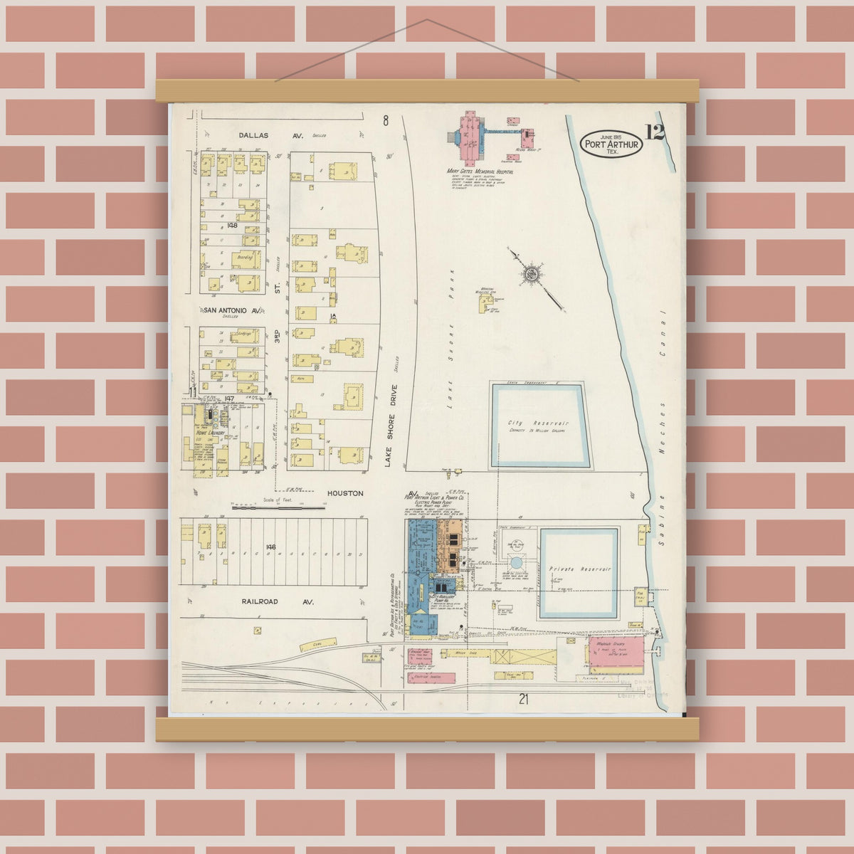 Old map wall art mockup — magnetic wood frame on brick wall — Sanborn Fire Insurance Map from Port Arthur, Jefferson County, Texas (1915), Sheet #0012