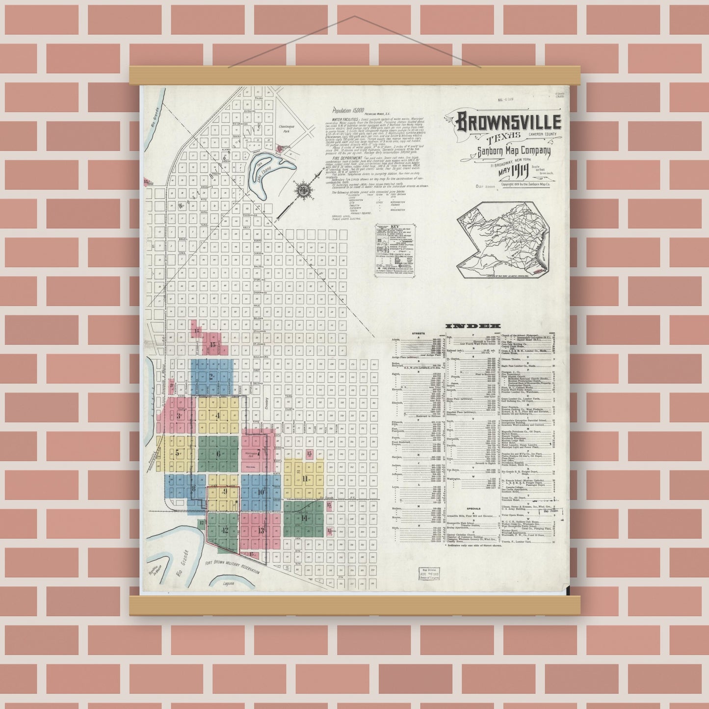 Old map wall art mockup — magnetic wood frame on brick wall — Sanborn Fire Insurance Map from Brownsville, Cameron County, Texas (1919), Sheet #0001
