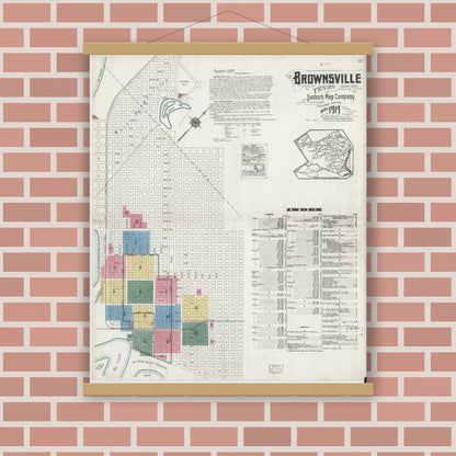 Old map wall art mockup — magnetic wood frame on brick wall — Sanborn Fire Insurance Map from Brownsville, Cameron County, Texas (1919), Sheet #0001