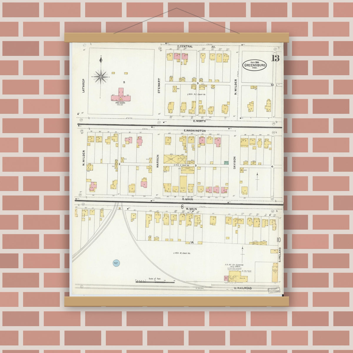 Old map wall art mockup — magnetic wood frame on brick wall — Sanborn Fire Insurance Map from Greensburg, Decatur County, Indiana (1906), Sheet #0013