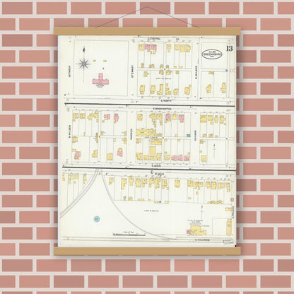 Old map wall art mockup — magnetic wood frame on brick wall — Sanborn Fire Insurance Map from Greensburg, Decatur County, Indiana (1906), Sheet #0013