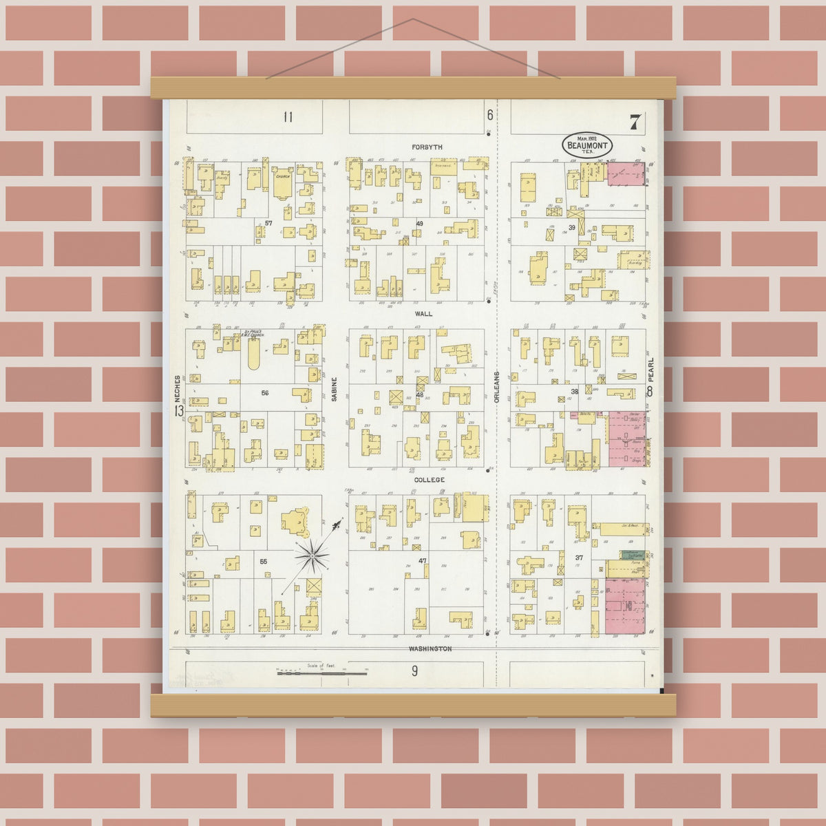 Old map wall art mockup — magnetic wood frame on brick wall — Sanborn Fire Insurance Map from Beaumont, Jefferson County, Texas (1902), Sheet #0007