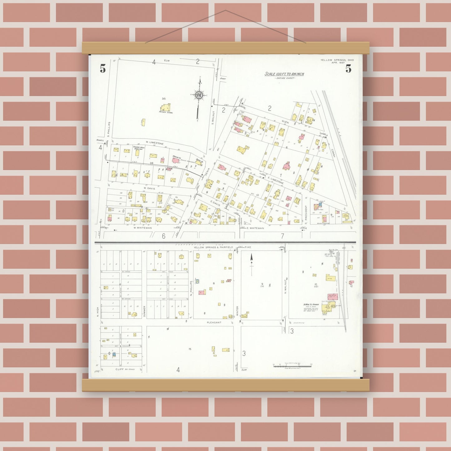 Old map wall art mockup — magnetic wood frame on brick wall — Sanborn Fire Insurance Map from Yellow Springs, Greene County, Ohio (1937), Sheet #0005