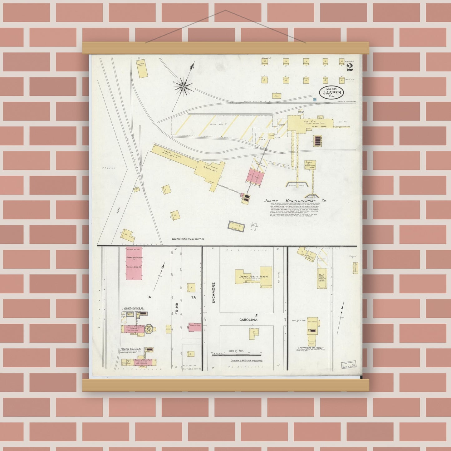 Old map wall art mockup — magnetic wood frame on brick wall — Sanborn Fire Insurance Map from Jasper, Hamilton County, Florida (1909), Sheet #0002