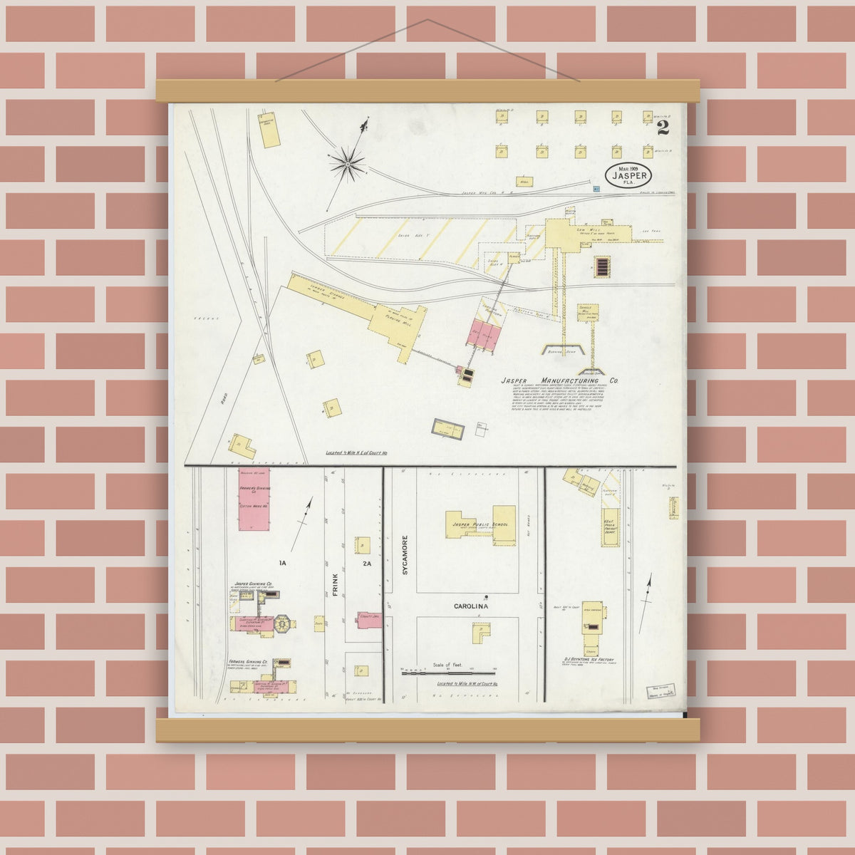 Old map wall art mockup — magnetic wood frame on brick wall — Sanborn Fire Insurance Map from Jasper, Hamilton County, Florida (1909), Sheet #0002