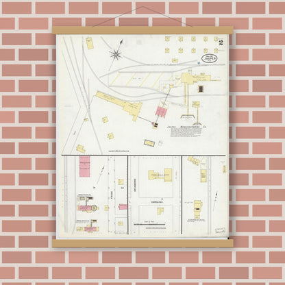 Old map wall art mockup — magnetic wood frame on brick wall — Sanborn Fire Insurance Map from Jasper, Hamilton County, Florida (1909), Sheet #0002