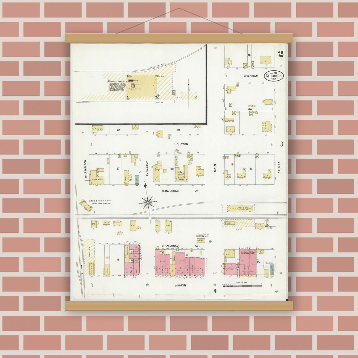 Old map wall art mockup — magnetic wood frame on brick wall — Sanborn Fire Insurance Map from Giddings, Lee County, Texas (1906), Sheet #0002