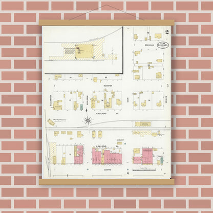 Old map wall art mockup — magnetic wood frame on brick wall — Sanborn Fire Insurance Map from Giddings, Lee County, Texas (1906), Sheet #0002