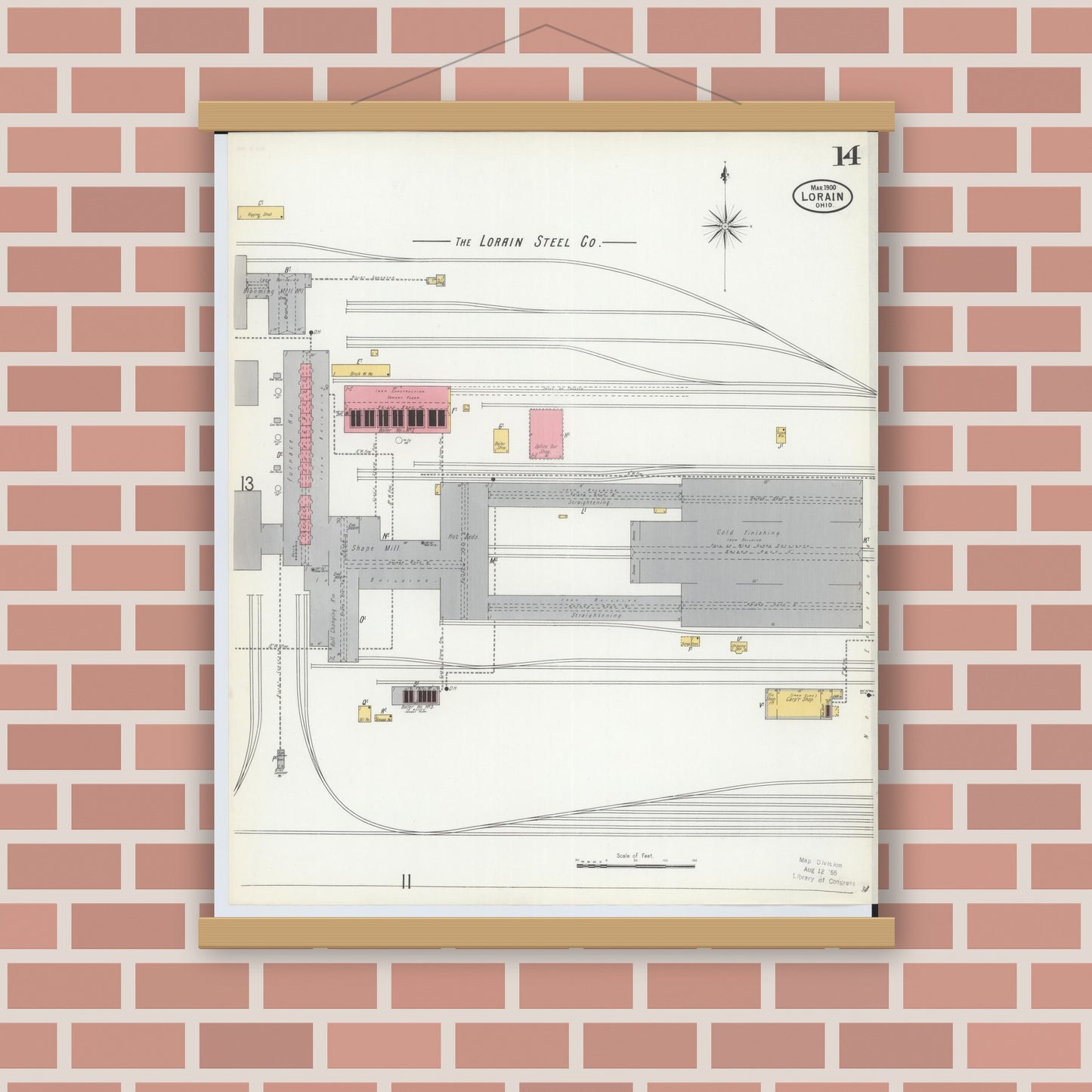 Old map wall art mockup — magnetic wood frame on brick wall — Sanborn Fire Insurance Map from Lorain, Lorain County, Ohio (1900), Sheet #0014