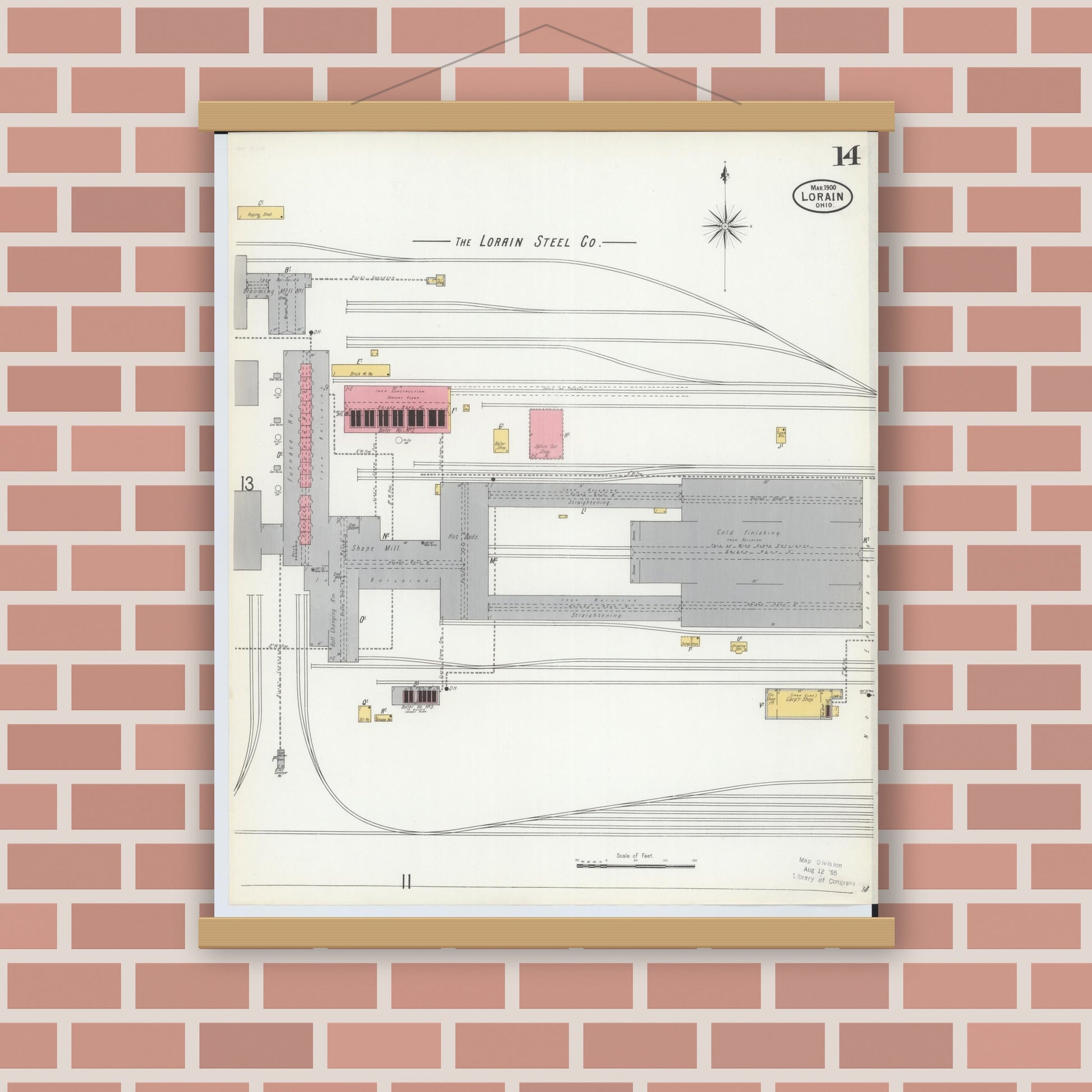 Old map wall art mockup — magnetic wood frame on brick wall — Sanborn Fire Insurance Map from Lorain, Lorain County, Ohio (1900), Sheet #0014