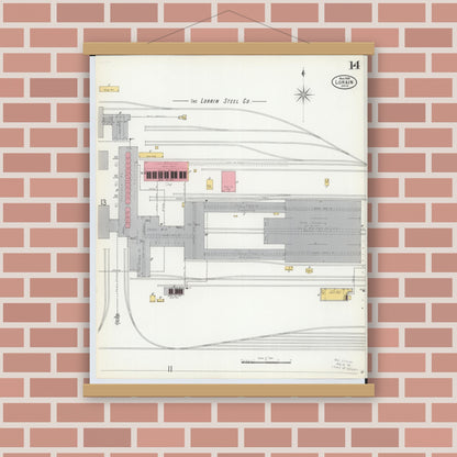 Old map wall art mockup — magnetic wood frame on brick wall — Sanborn Fire Insurance Map from Lorain, Lorain County, Ohio (1900), Sheet #0014