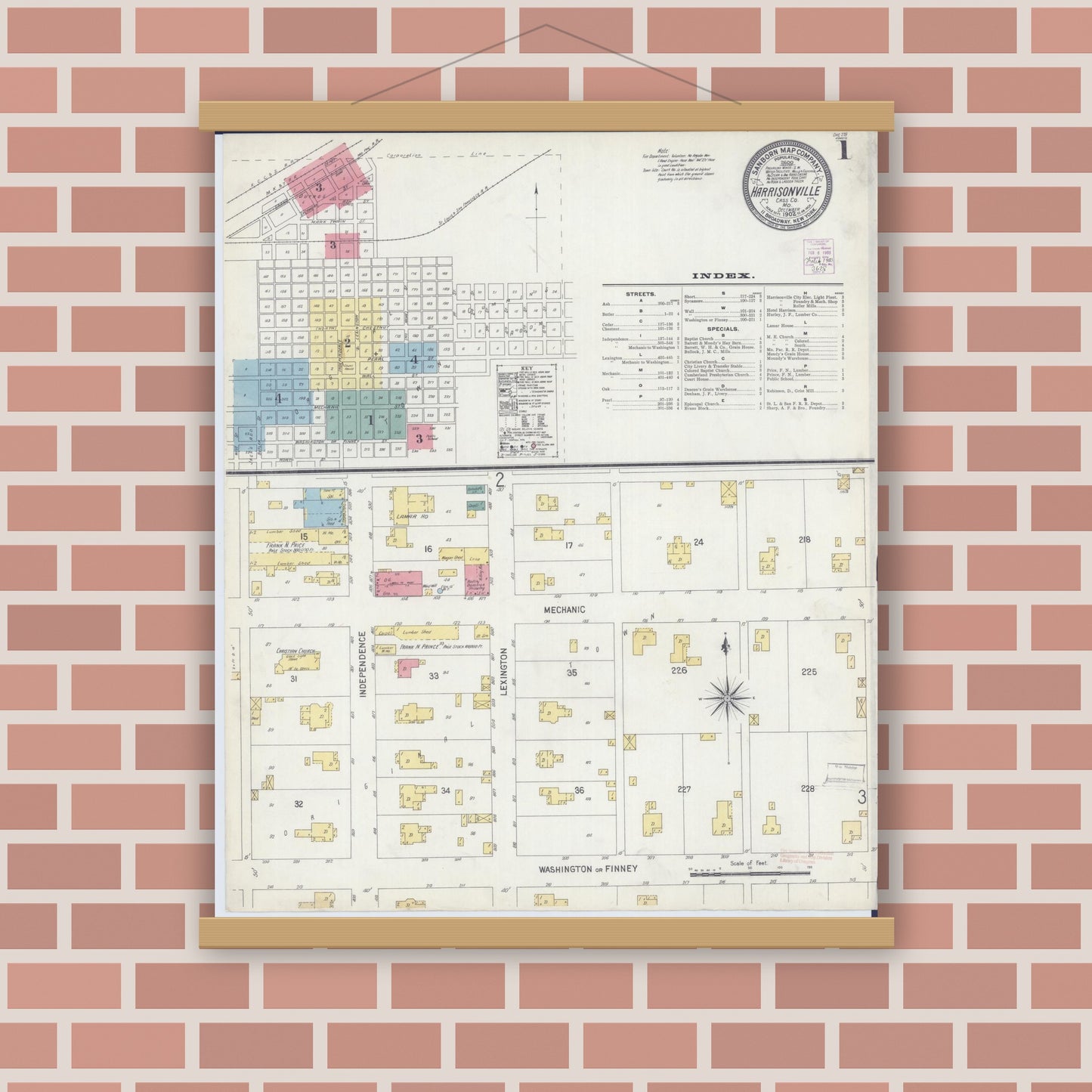Old map wall art mockup — magnetic wood frame on brick wall — Sanborn Fire Insurance Map from Harrisonville, Cass County, Missouri (1902) - Complete Map Set