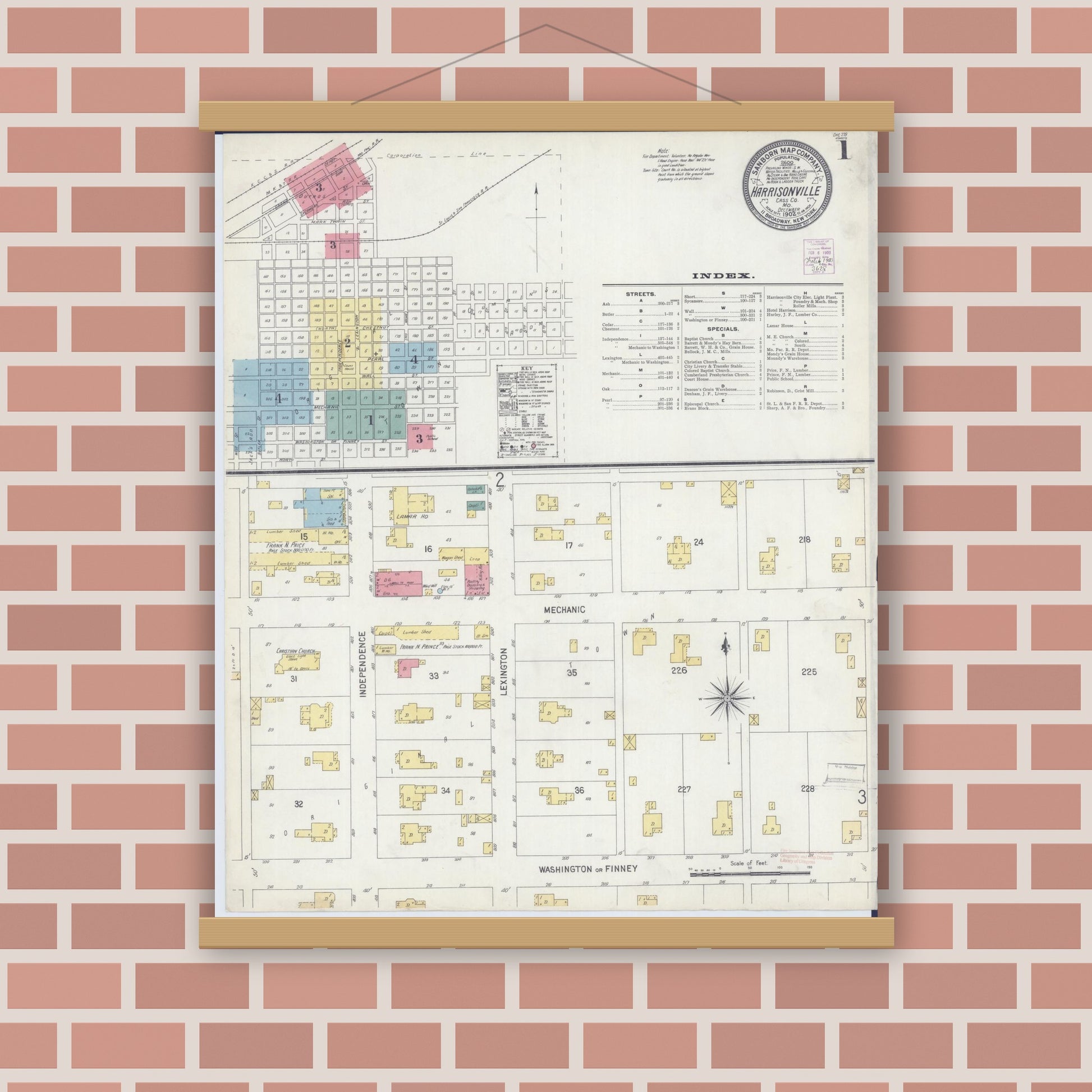 Old map wall art mockup — magnetic wood frame on brick wall — Sanborn Fire Insurance Map from Harrisonville, Cass County, Missouri (1902) - Complete Map Set