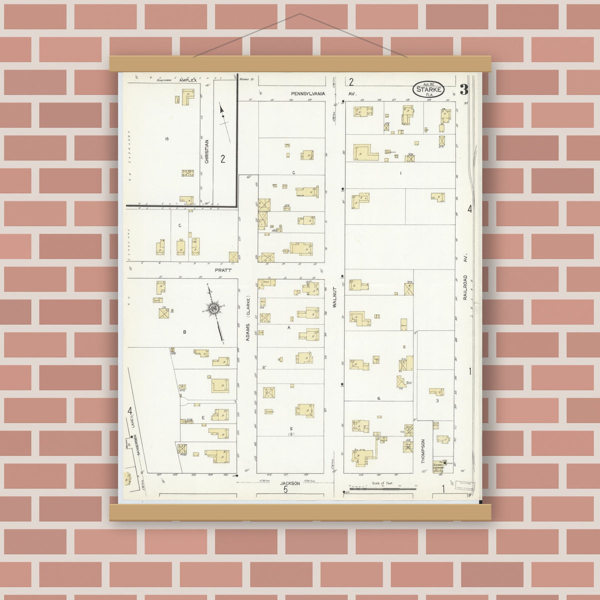 Old map wall art mockup — magnetic wood frame on brick wall — Sanborn Fire Insurance Map from Starke, Bradford County, Florida (1912), Sheet #0003