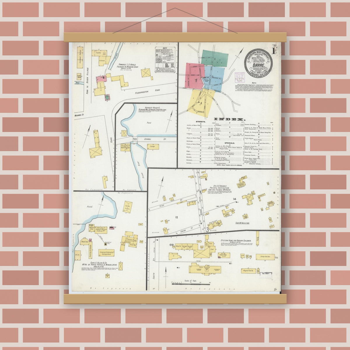 Old map wall art mockup — magnetic wood frame on brick wall — Sanborn Fire Insurance Map from Barre, Worcester County, Massachusetts (1905), Sheet #0001