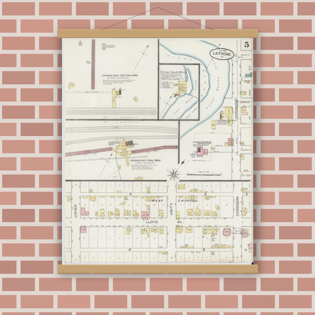 Old map wall art mockup — magnetic wood frame on brick wall — Sanborn Fire Insurance Map from Latrobe, Westmoreland County, Pennsylvania (1887), Sheet #0005